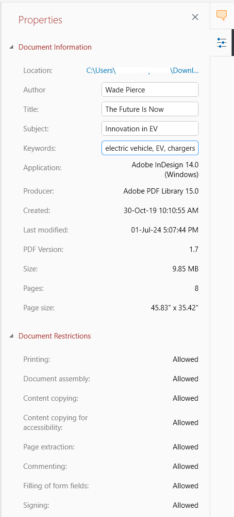 PDF Extra: document properties view